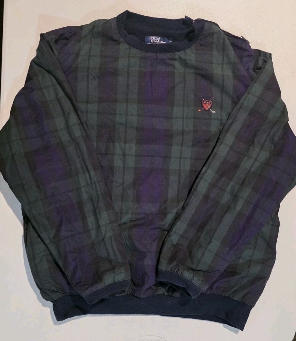 VTG Polo Ralph Lauren Plaid Golf Pullover Windbreaker Jacket Mens L Navy Green